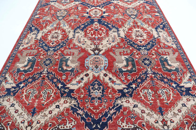 Transitional Hand Knotted Artemix Farhan Wool Rug of Size 7'8'' X 9'11'' in Red and Blue Colors - Made in Afghanistan