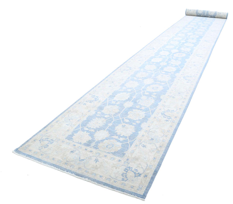 Traditional Hand Knotted Serenity Farhan Wool Rug of Size 4'1'' X 35'11'' in Blue and Ivory Colors - Made in Afghanistan