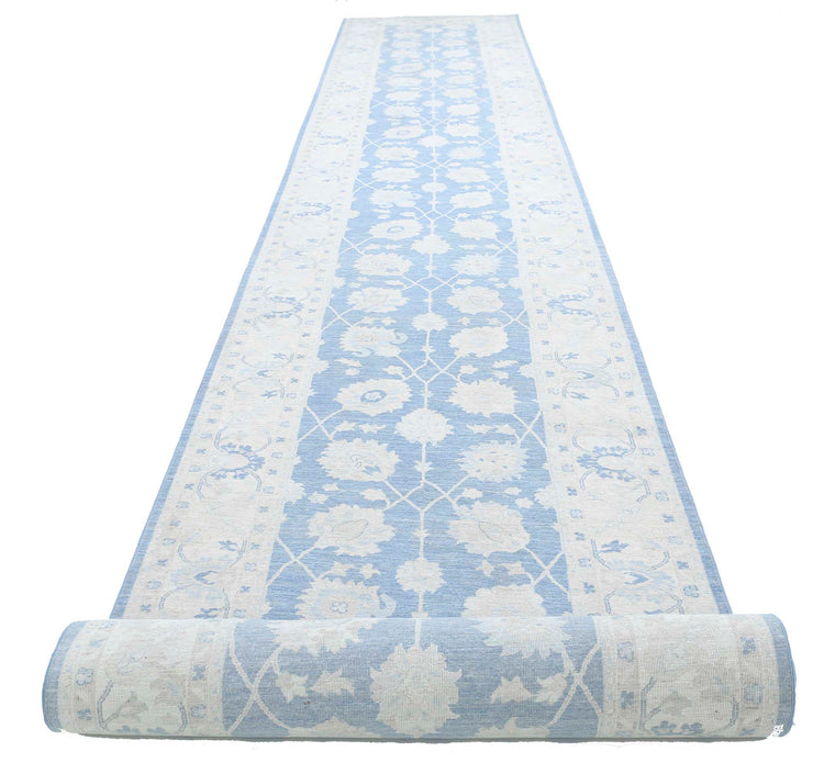 Traditional Hand Knotted Serenity Farhan Wool Rug of Size 4'1'' X 35'11'' in Blue and Ivory Colors - Made in Afghanistan