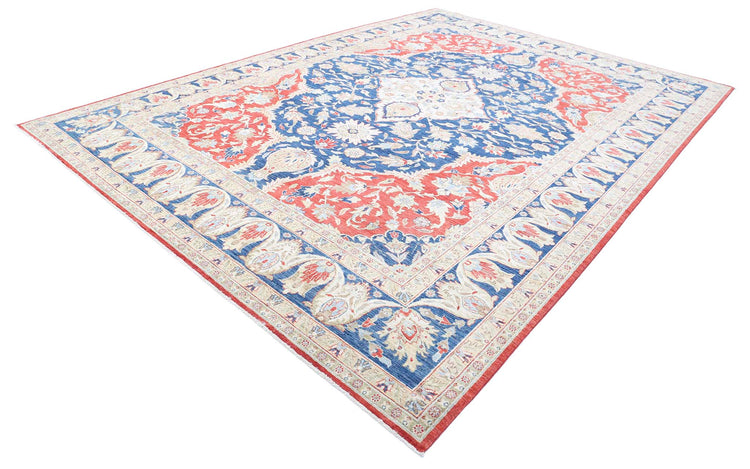 Traditional Hand Knotted Heriz Farhan Wool Rug of Size 9'11'' X 13'11'' in Red and Blue Colors - Made in Afghanistan