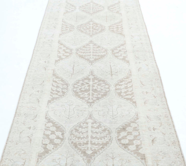 Traditional Hand Knotted Serenity Farhan Wool Rug of Size 3'2'' X 10'0'' in Brown and Silver Colors - Made in Afghanistan