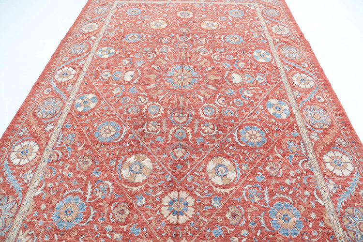 Traditional Hand Knotted Suzani Farhan Wool Rug of Size 7'11'' X 11'6'' in Red and Blue Colors - Made in Afghanistan