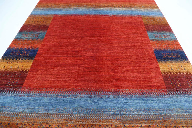 Tribal Hand Knotted Gabbeh Farhan Wool Rug of Size 8'4'' X 9'8'' in Red and Multi Colors - Made in Afghanistan