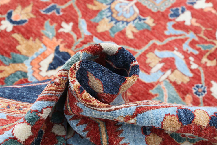 Traditional Hand Knotted Heriz Farhan Wool Rug of Size 8'5'' X 9'9'' in Red and Blue Colors - Made in Afghanistan