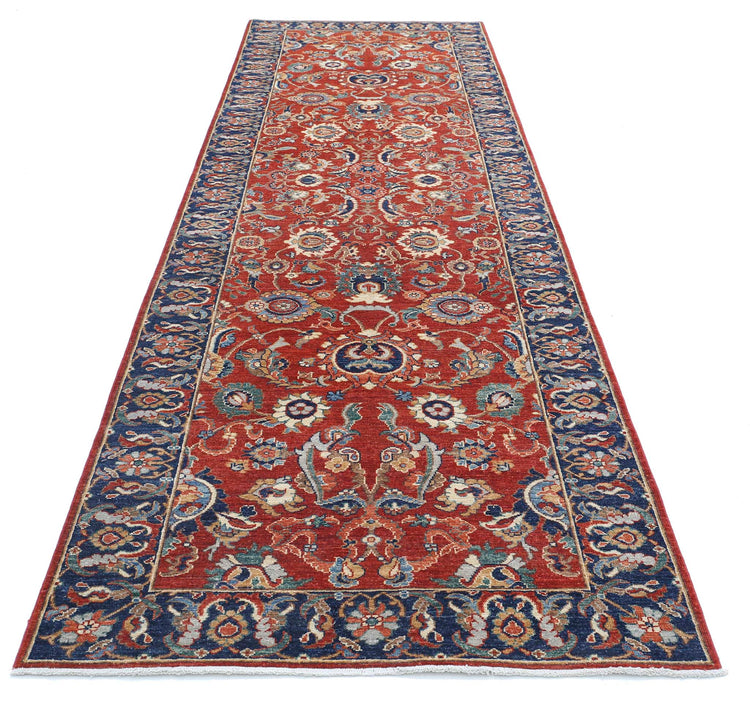 Traditional Hand Knotted Ziegler Farhan Wool Rug of Size 4'0'' X 13'6'' in Red and Blue Colors - Made in Afghanistan