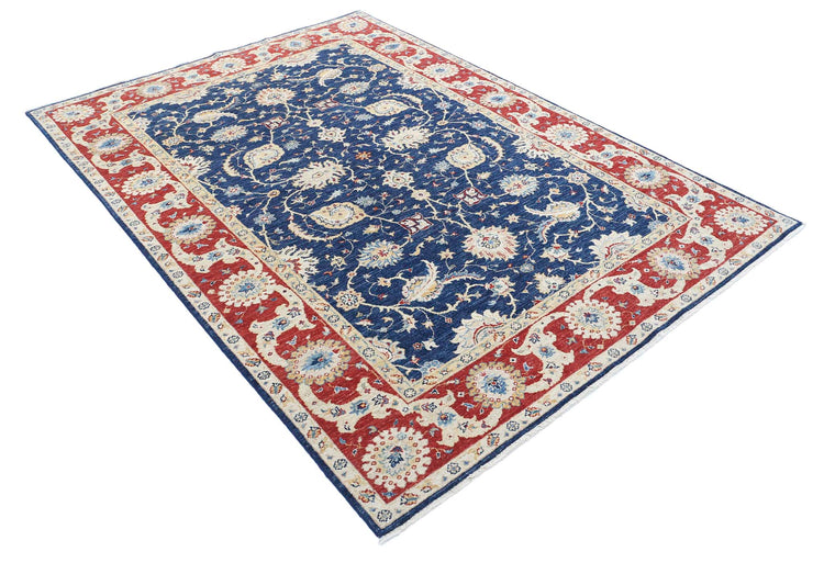 Traditional Hand Knotted Ziegler Farhan Wool Rug of Size 5'6'' X 7'6'' in Blue and Red Colors - Made in Afghanistan
