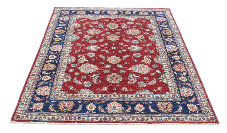 Traditional Hand Knotted Ziegler Farhan Wool Rug of Size 4'10'' X 6'5'' in Red and Blue Colors - Made in Afghanistan