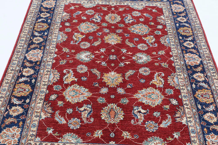 Traditional Hand Knotted Ziegler Farhan Wool Rug of Size 4'10'' X 6'5'' in Red and Blue Colors - Made in Afghanistan