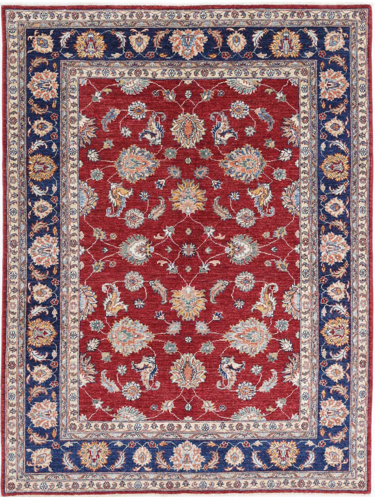 Traditional Hand Knotted Ziegler Farhan Wool Rug of Size 4'10'' X 6'5'' in Red and Blue Colors - Made in Afghanistan