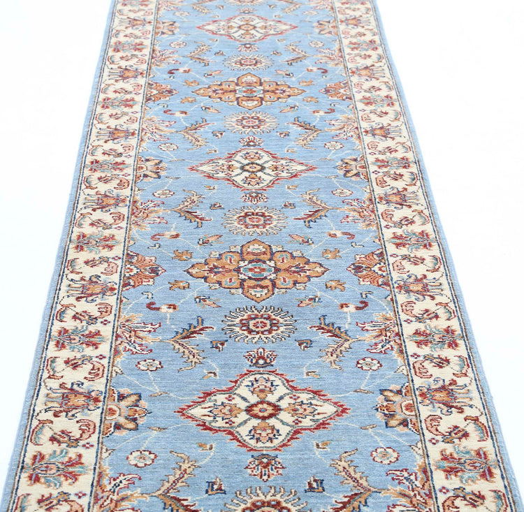 Traditional Hand Knotted Ziegler Farhan Wool Rug of Size 2'7'' X 9'7'' in Blue and Ivory Colors - Made in Afghanistan