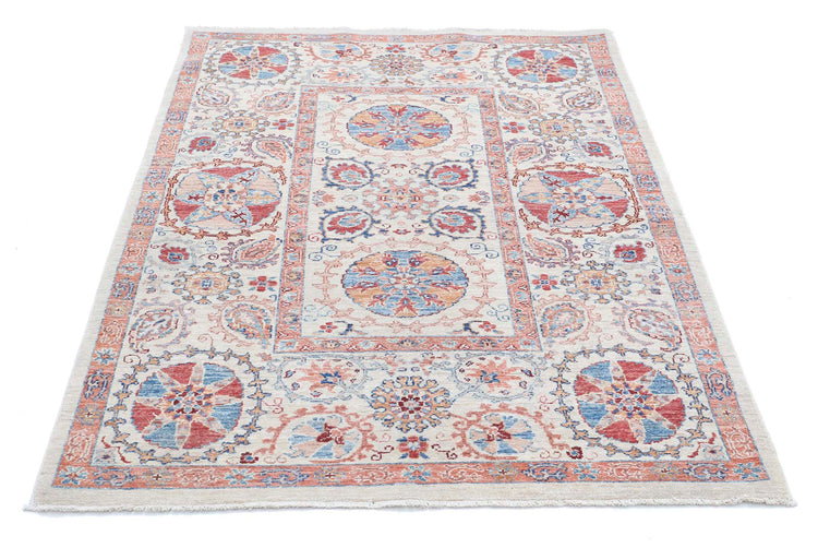Traditional Hand Knotted Suzani Farhan Wool Rug of Size 4'0'' X 5'8'' in Ivory and Blue Colors - Made in Afghanistan