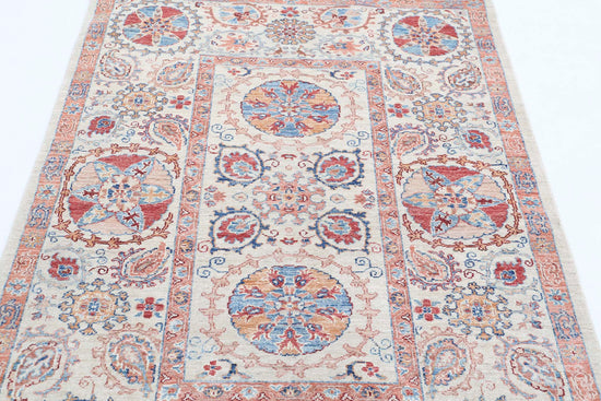 Traditional Hand Knotted Suzani Farhan Wool Rug of Size 4'0'' X 5'8'' in Ivory and Blue Colors - Made in Afghanistan