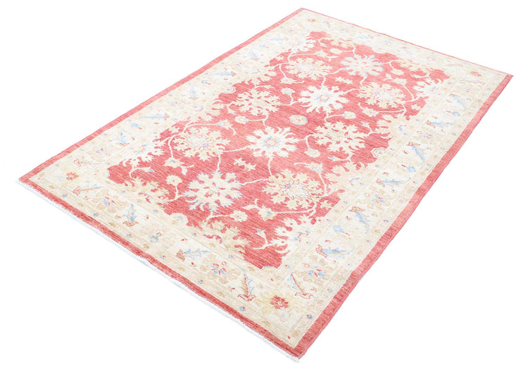 Traditional Hand Knotted Farhan Wool Rug of Size 4'1'' X 6'4'' in Red and Ivory Colors - Made in Afghanistan