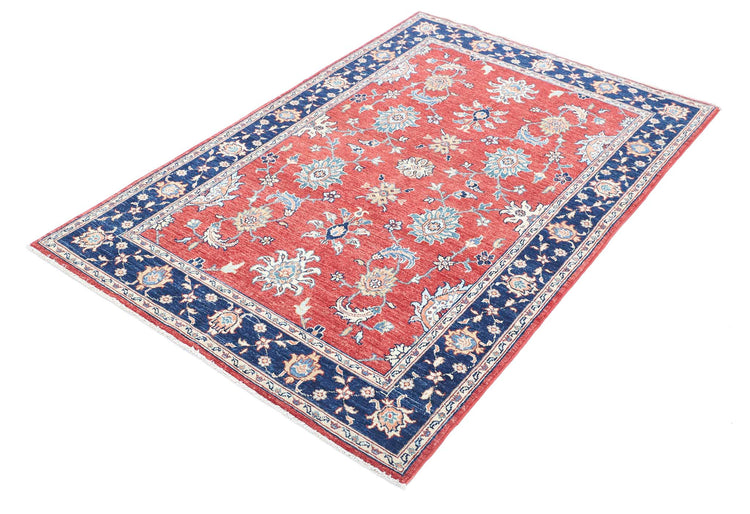 Traditional Hand Knotted Ziegler Farhan Wool Rug of Size 3'9'' X 5'9'' in Red and Blue Colors - Made in Afghanistan
