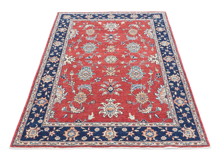 Traditional Hand Knotted Ziegler Farhan Wool Rug of Size 3'9'' X 5'9'' in Red and Blue Colors - Made in Afghanistan