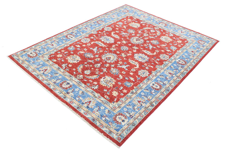 Traditional Hand Knotted Ziegler Farhan Wool Rug of Size 5'0'' X 6'7'' in Red and Blue Colors - Made in Afghanistan