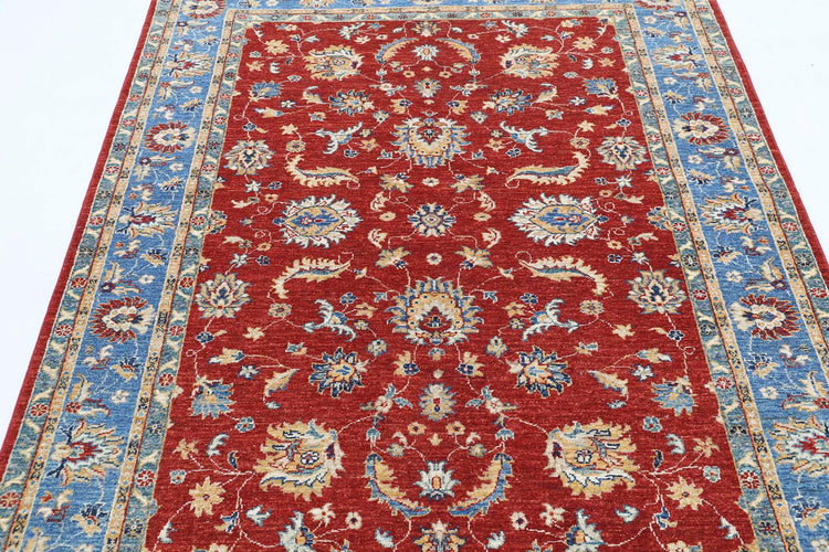 Traditional Hand Knotted Ziegler Farhan Wool Rug of Size 5'0'' X 6'7'' in Red and Blue Colors - Made in Afghanistan