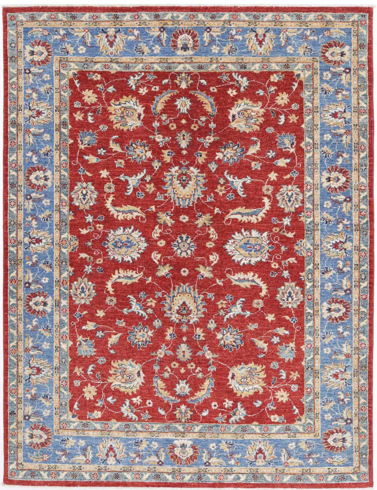 Traditional Hand Knotted Ziegler Farhan Wool Rug of Size 5'0'' X 6'7'' in Red and Blue Colors - Made in Afghanistan