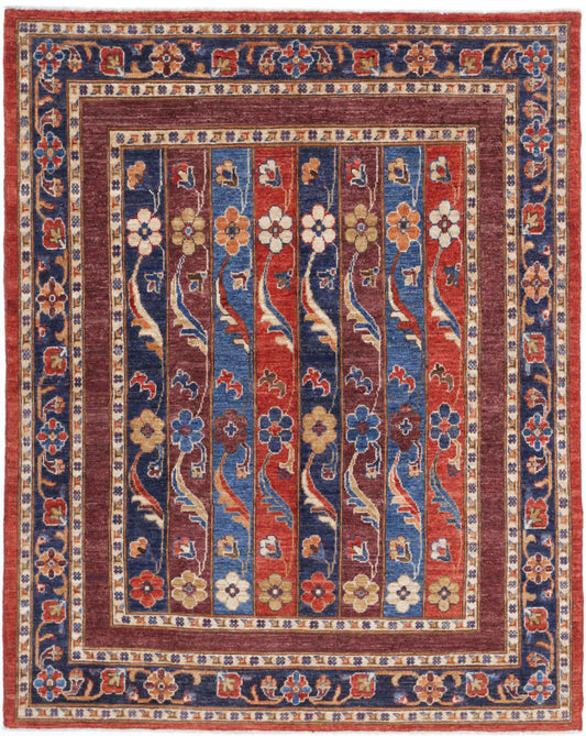 Traditional Hand Knotted Shaal Farhan Wool Rug of Size 5'0'' X 6'3'' in Red and Blue Colors - Made in Afghanistan