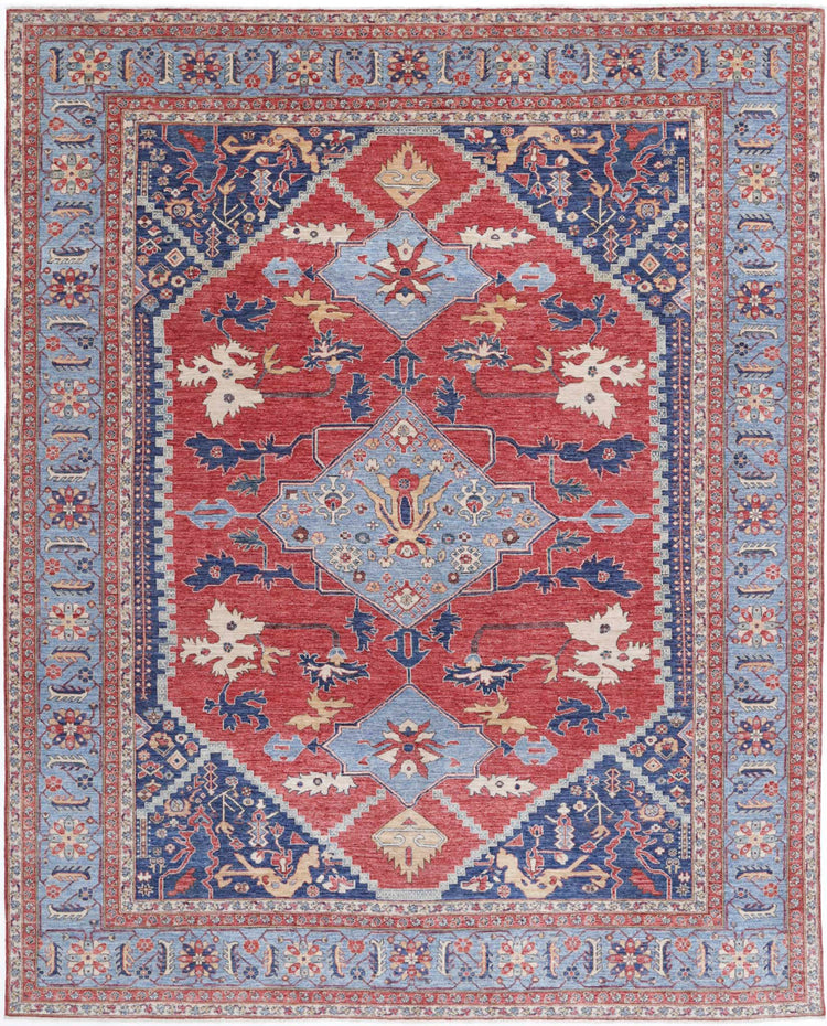 Traditional Hand Knotted Heriz Farhan Wool Rug of Size 9'5'' X 11'10'' in Red and Blue Colors - Made in Afghanistan