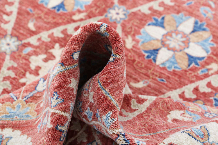 Traditional Hand Knotted Suzani Farhan Wool Rug of Size 9'0'' X 11'6'' in Red and Ivory Colors - Made in Afghanistan