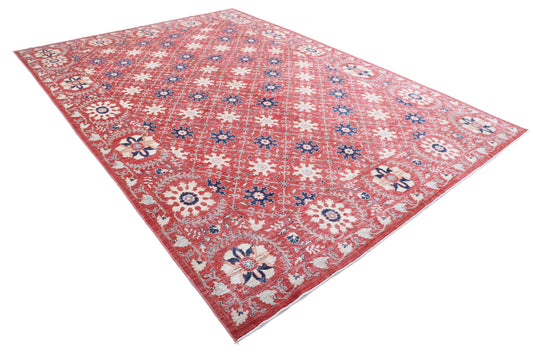Transitional Hand Knotted Artemix Farhan Wool Rug of Size 8'5'' X 11'5'' in Red and Blue Colors - Made in Afghanistan