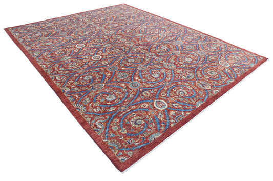 Transitional Hand Knotted Artemix Farhan Wool Rug of Size 9'1'' X 11'7'' in Red and Blue Colors - Made in Afghanistan