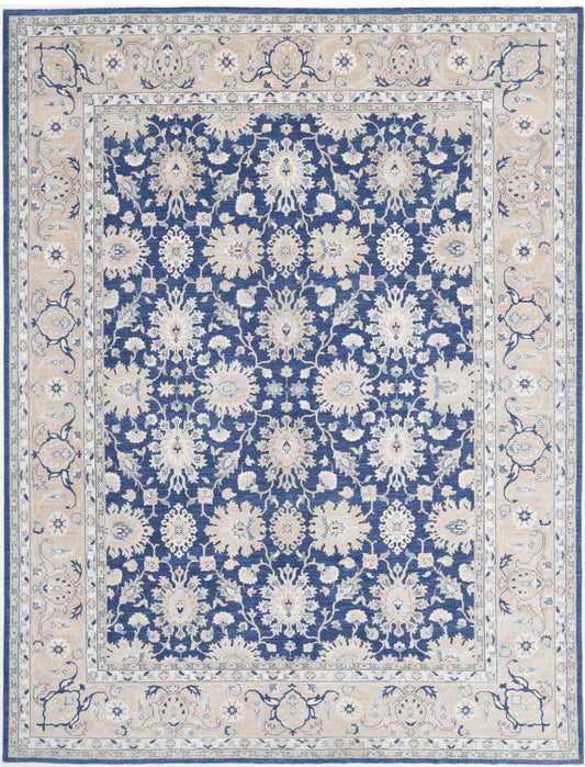 Traditional Hand Knotted Ziegler Farhan Wool Rug of Size 8'8'' X 11'6'' in Blue and Taupe Colors - Made in Afghanistan