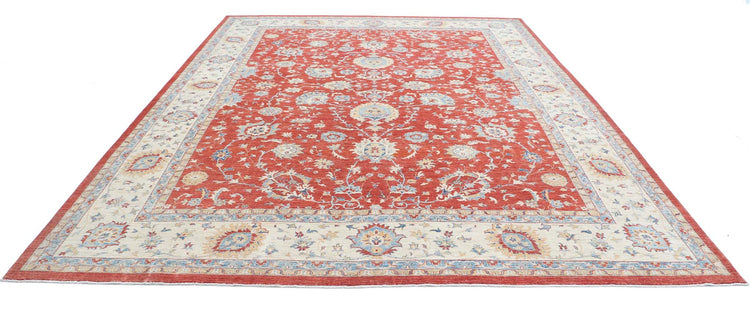 Traditional Hand Knotted Ziegler Farhan Wool Rug of Size 9'11'' X 13'2'' in Red and Ivory Colors - Made in Afghanistan