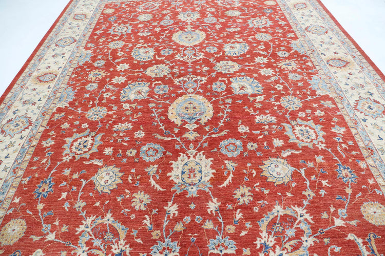 Traditional Hand Knotted Ziegler Farhan Wool Rug of Size 9'11'' X 13'2'' in Red and Ivory Colors - Made in Afghanistan