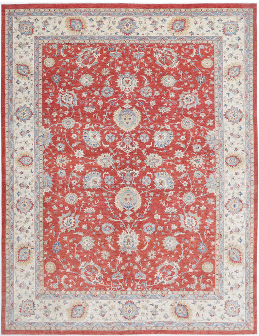 Traditional Hand Knotted Ziegler Farhan Wool Rug of Size 9'11'' X 13'2'' in Red and Ivory Colors - Made in Afghanistan