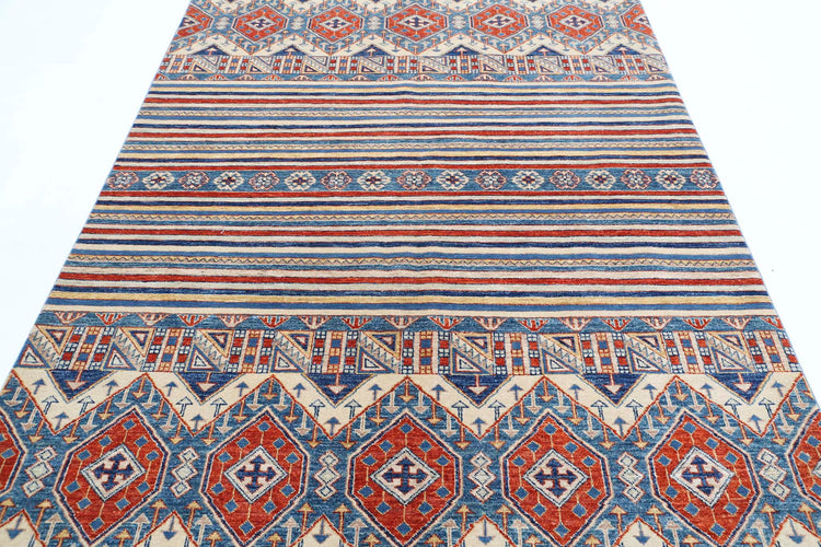 Traditional Hand Knotted Khurjeen Farhan Wool Rug of Size 5'5'' X 7'11'' in Multi and Ivory Colors - Made in Afghanistan
