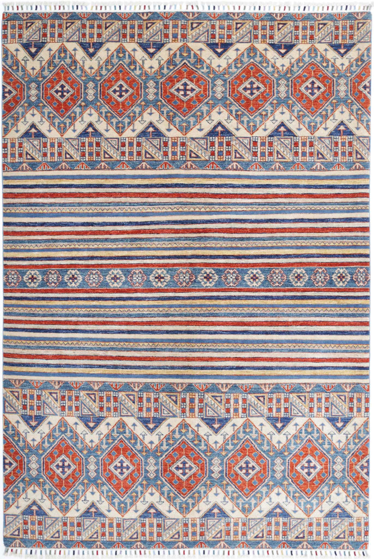 Traditional Hand Knotted Khurjeen Farhan Wool Rug of Size 5'5'' X 7'11'' in Multi and Ivory Colors - Made in Afghanistan