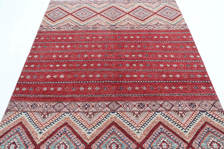 Traditional Hand Knotted Khurjeen Farhan Wool Rug of Size 5'6'' X 7'6'' in Multi and Red Colors - Made in Afghanistan