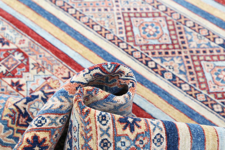 Traditional Hand Knotted Khurjeen Farhan Wool Rug of Size 5'4'' X 7'9'' in Multi and Blue Colors - Made in Afghanistan