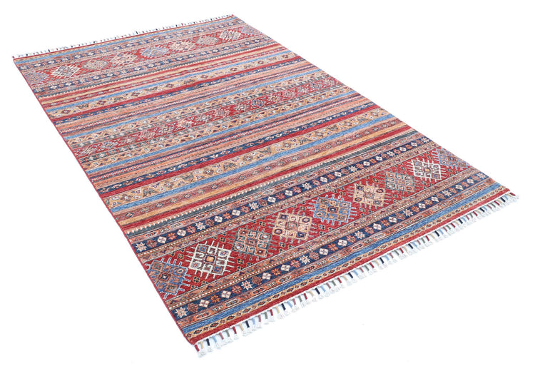 Traditional Hand Knotted Khurjeen Farhan Wool Rug of Size 4'11'' X 7'2'' in Multi and Red Colors - Made in Afghanistan