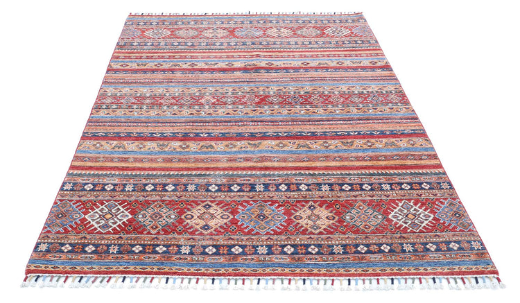 Traditional Hand Knotted Khurjeen Farhan Wool Rug of Size 4'11'' X 7'2'' in Multi and Red Colors - Made in Afghanistan