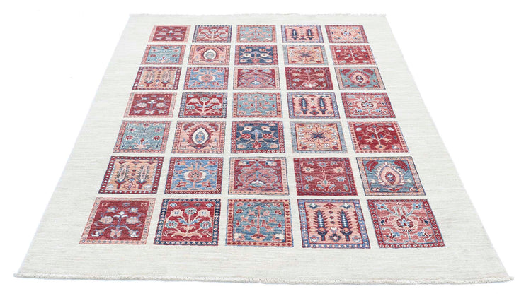 Traditional Hand Knotted Ziegler Farhan Wool Rug of Size 4'9'' X 6'9'' in Ivory and Red Colors - Made in Afghanistan