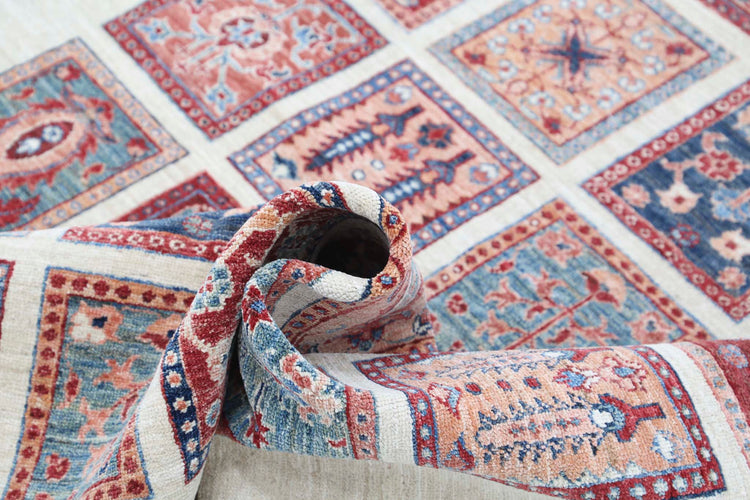 Traditional Hand Knotted Ziegler Farhan Wool Rug of Size 4'9'' X 6'9'' in Ivory and Red Colors - Made in Afghanistan