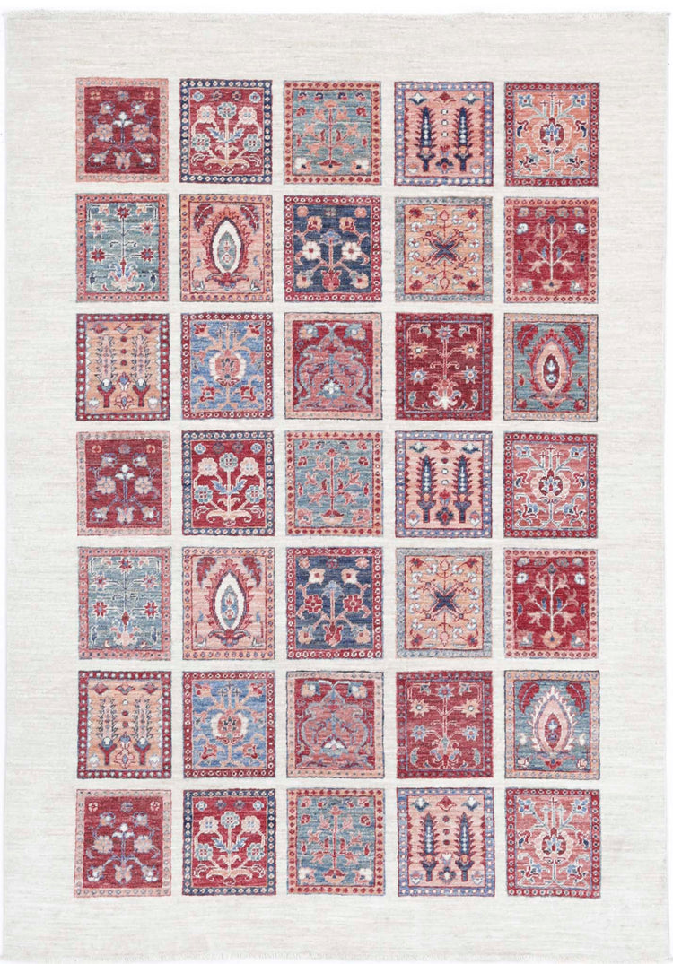 Traditional Hand Knotted Ziegler Farhan Wool Rug of Size 4'9'' X 6'9'' in Ivory and Red Colors - Made in Afghanistan