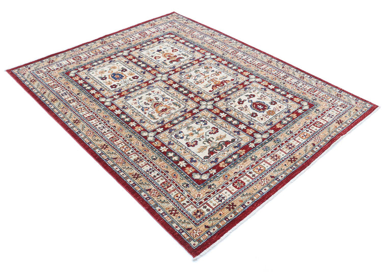 Traditional Hand Knotted Ziegler Farhan Wool Rug of Size 4'11'' X 6'1'' in Red and Ivory Colors - Made in Afghanistan