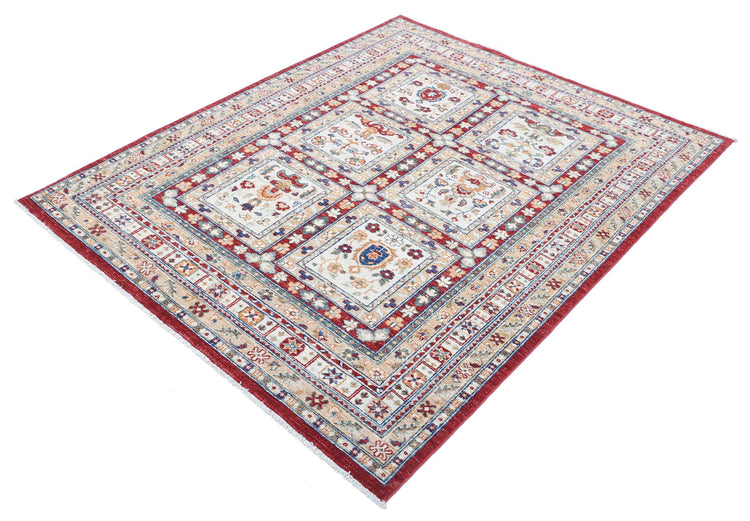 Traditional Hand Knotted Ziegler Farhan Wool Rug of Size 4'11'' X 6'1'' in Red and Ivory Colors - Made in Afghanistan