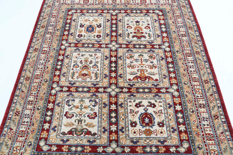 Traditional Hand Knotted Ziegler Farhan Wool Rug of Size 4'11'' X 6'1'' in Red and Ivory Colors - Made in Afghanistan