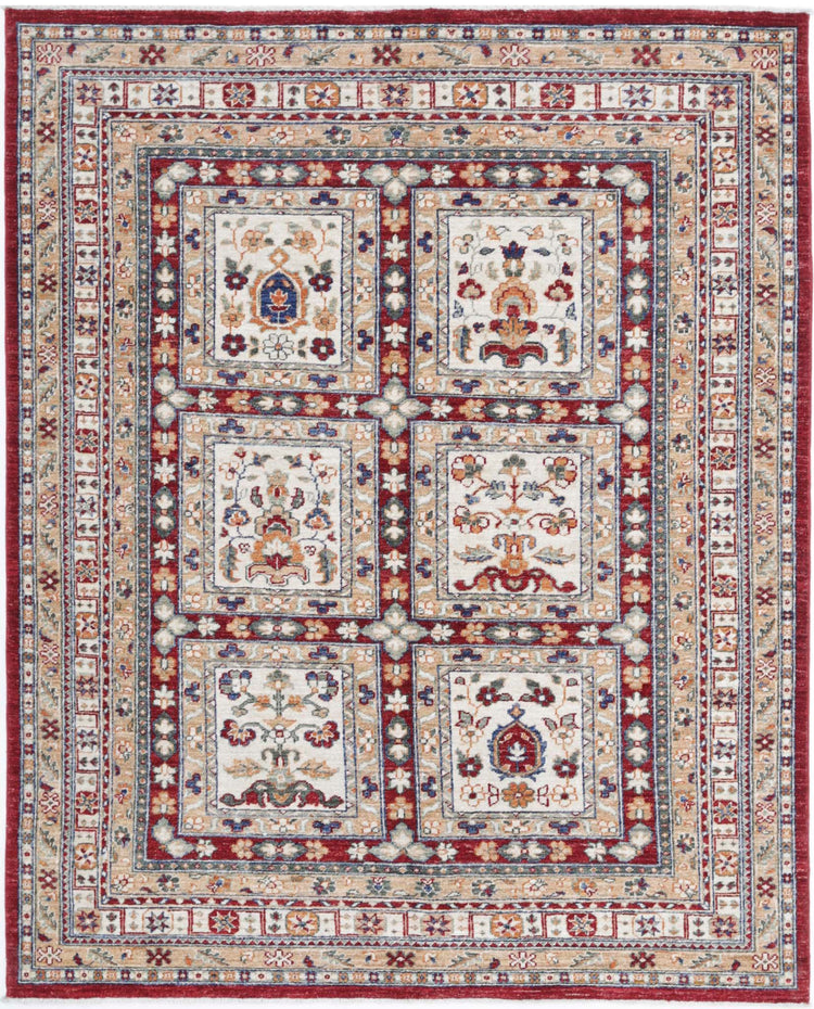 Traditional Hand Knotted Ziegler Farhan Wool Rug of Size 4'11'' X 6'1'' in Red and Ivory Colors - Made in Afghanistan