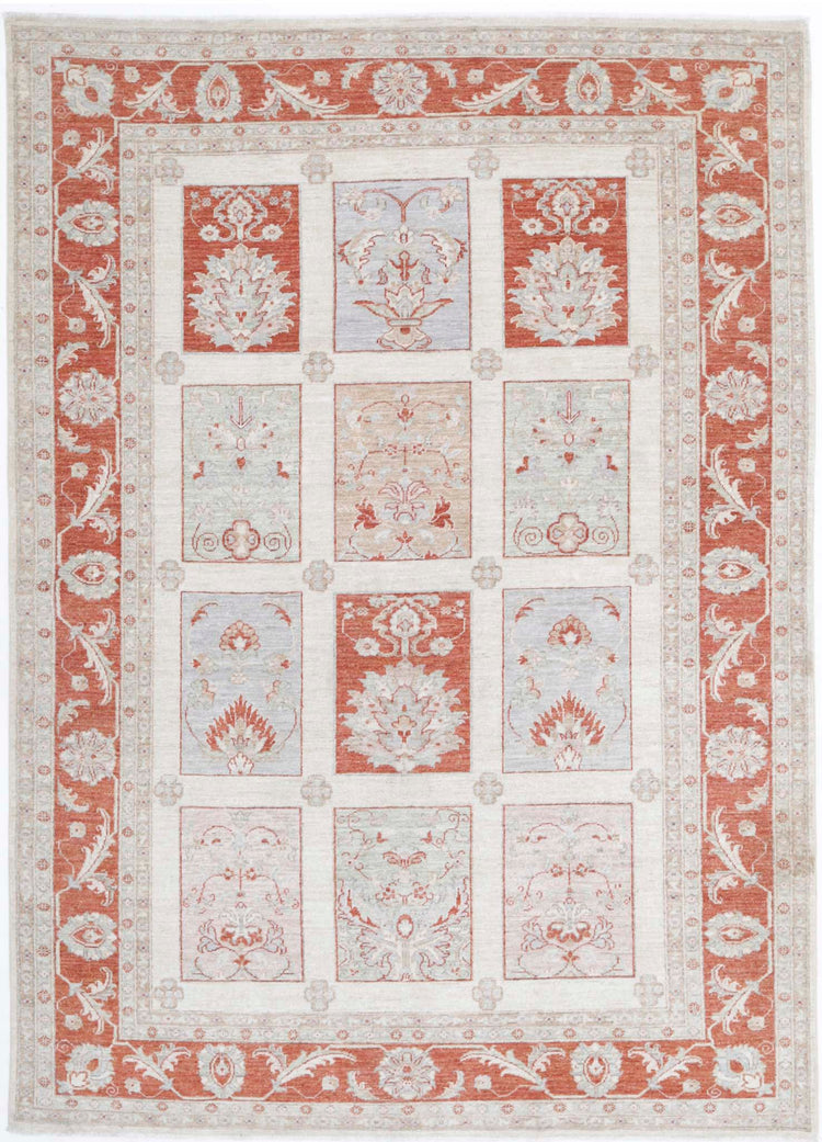 Traditional Hand Knotted Ziegler Farhan Wool Rug of Size 5'7'' X 7'9'' in Ivory and Red Colors - Made in Afghanistan