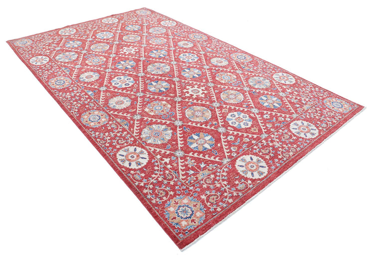 Traditional Hand Knotted Suzani Farhan Wool Rug of Size 6'4'' X 10'2'' in Red and Ivory Colors - Made in Afghanistan