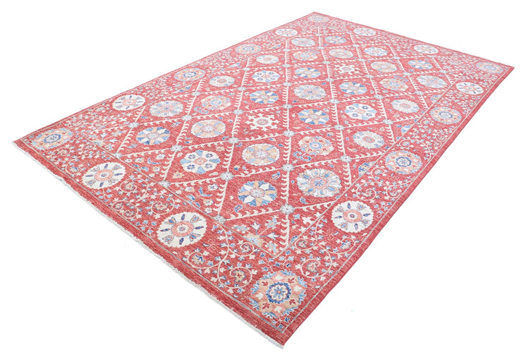 Traditional Hand Knotted Suzani Farhan Wool Rug of Size 6'4'' X 10'2'' in Red and Ivory Colors - Made in Afghanistan