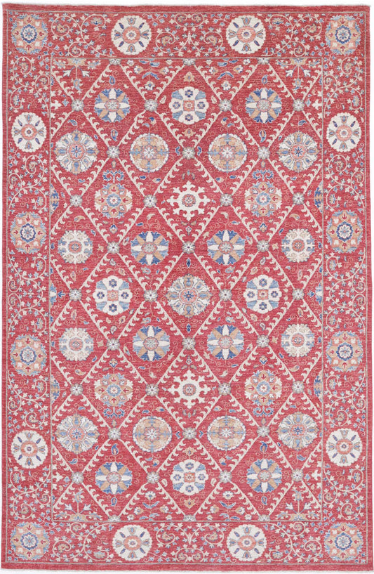 Traditional Hand Knotted Suzani Farhan Wool Rug of Size 6'4'' X 10'2'' in Red and Ivory Colors - Made in Afghanistan