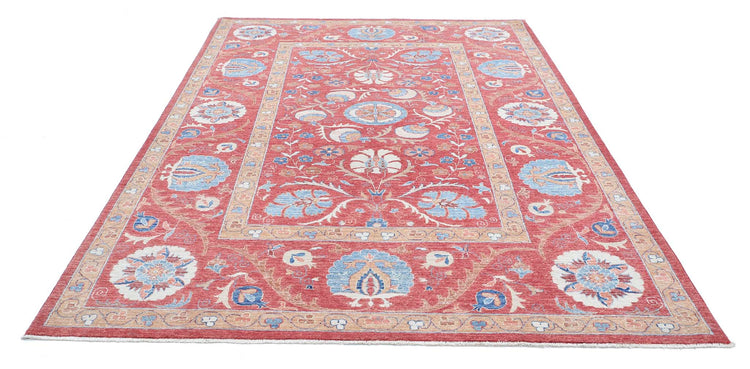 Traditional Hand Knotted Suzani Farhan Wool Rug of Size 6'7'' X 9'10'' in Red and Rust Colors - Made in Afghanistan