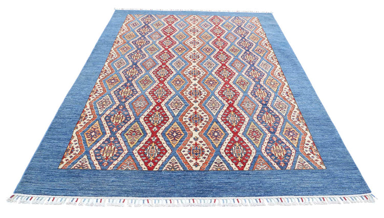 Traditional Hand Knotted Shaal Farhan Wool Rug of Size 6'3'' X 9'4'' in Blue and Multi Colors - Made in Afghanistan